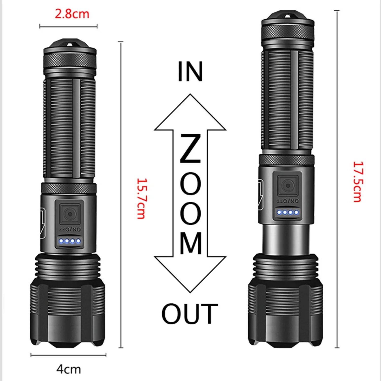 Zwei schwarze Taschenlampen mit Größenangaben und Zoom-Pfeilen.