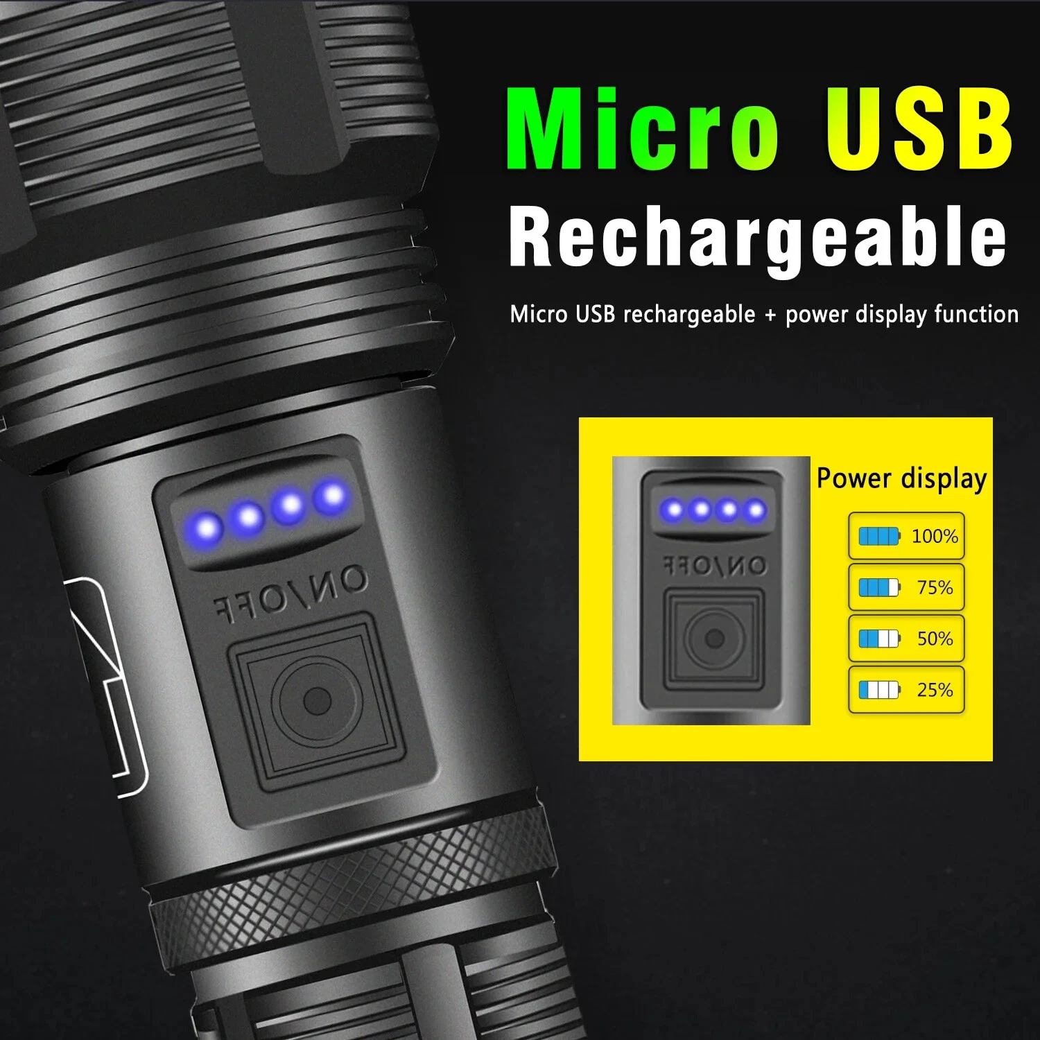 Schwarze Taschenlampe mit Micro-USB-Ladefunktion und Ladeanzeige.