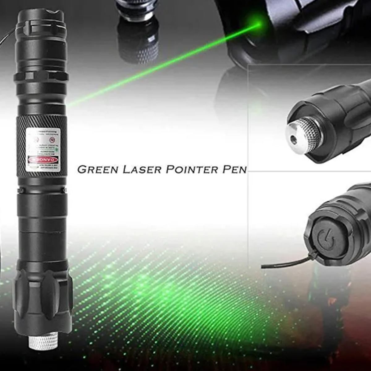 Schwarzer Laserpointer mit grünem Lichtstrahl und Warnaufkleber.