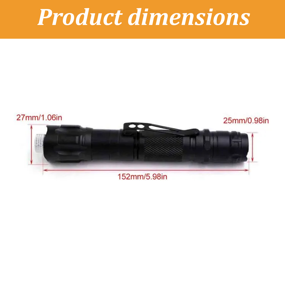 Schwarze Taschenlampe mit Maßen: 152mm Länge, 27mm und 25mm Durchmesser.