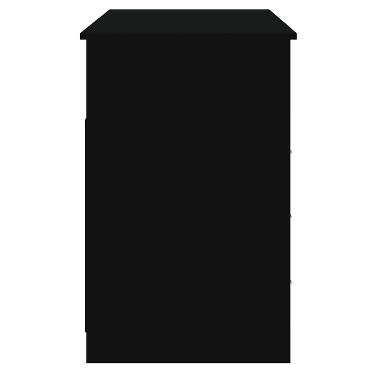Schwarzer Schrank mit Schubladen, von der Seite gesehen.