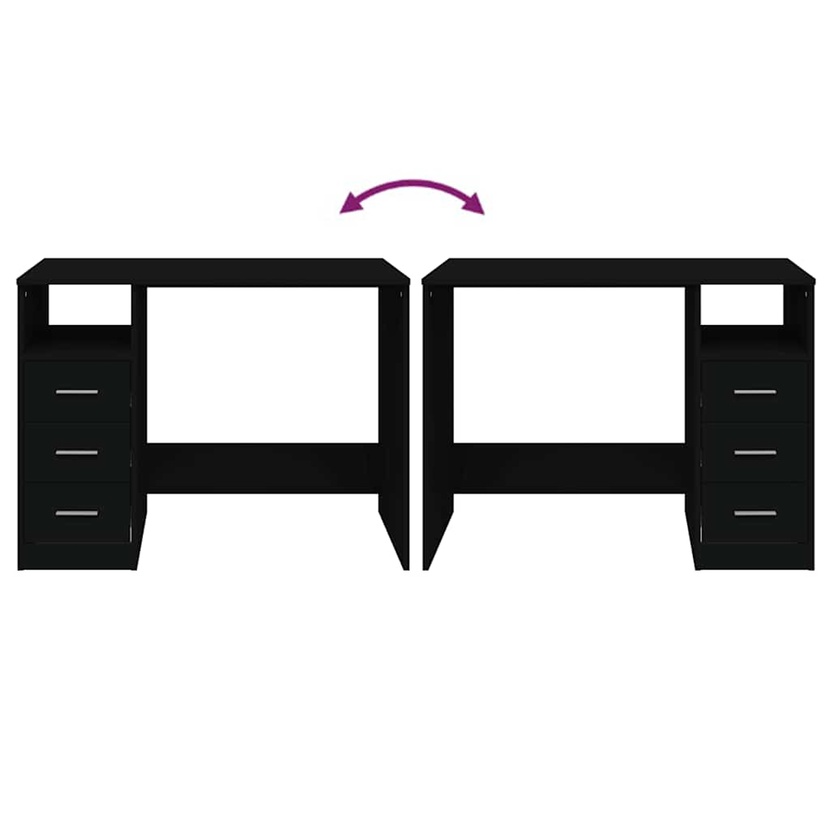Zwei schwarze Schreibtische mit Schubladen, die durch einen Pfeil verbunden sind.