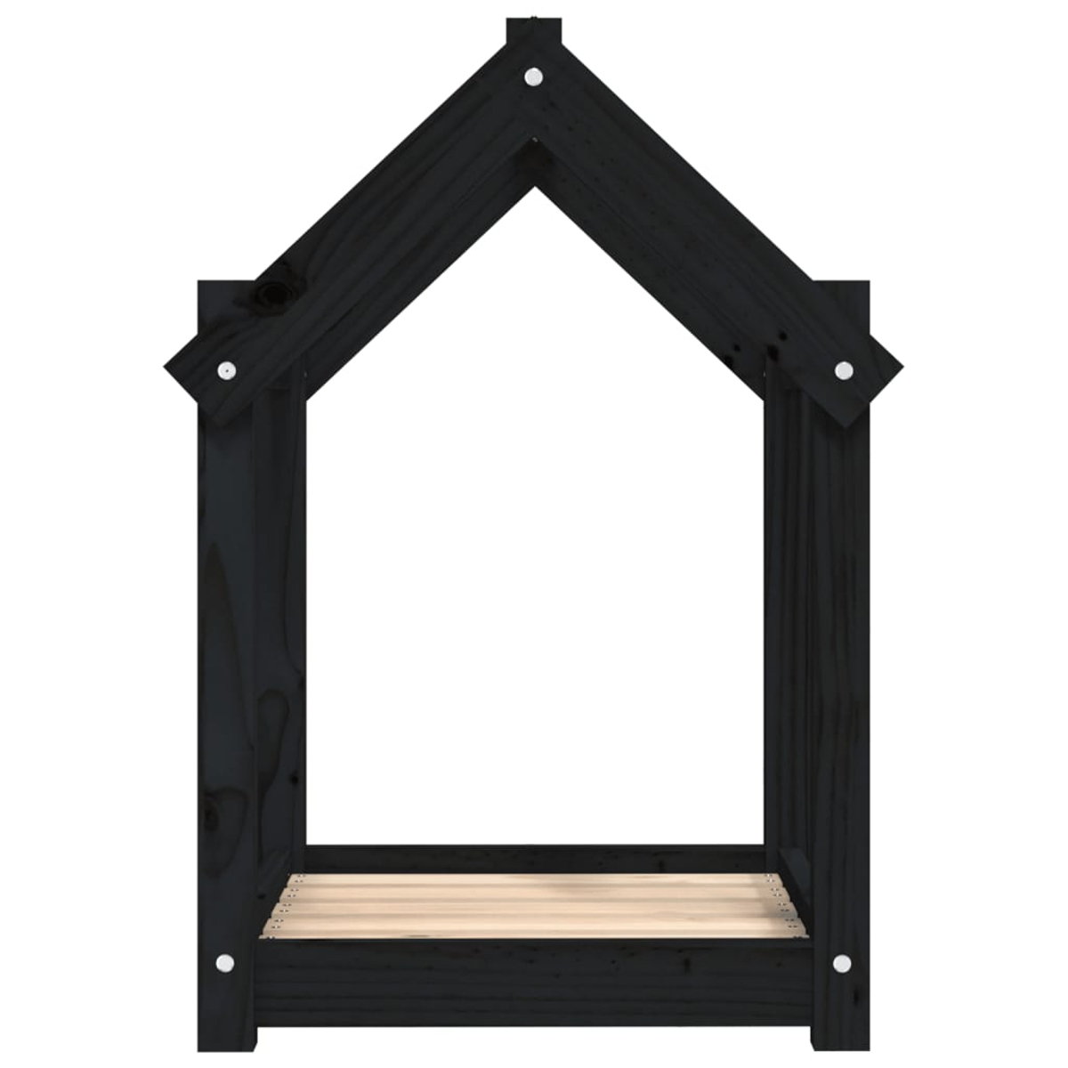 Schwarzer Holzrahmen in Hausform mit Lattenrostboden.