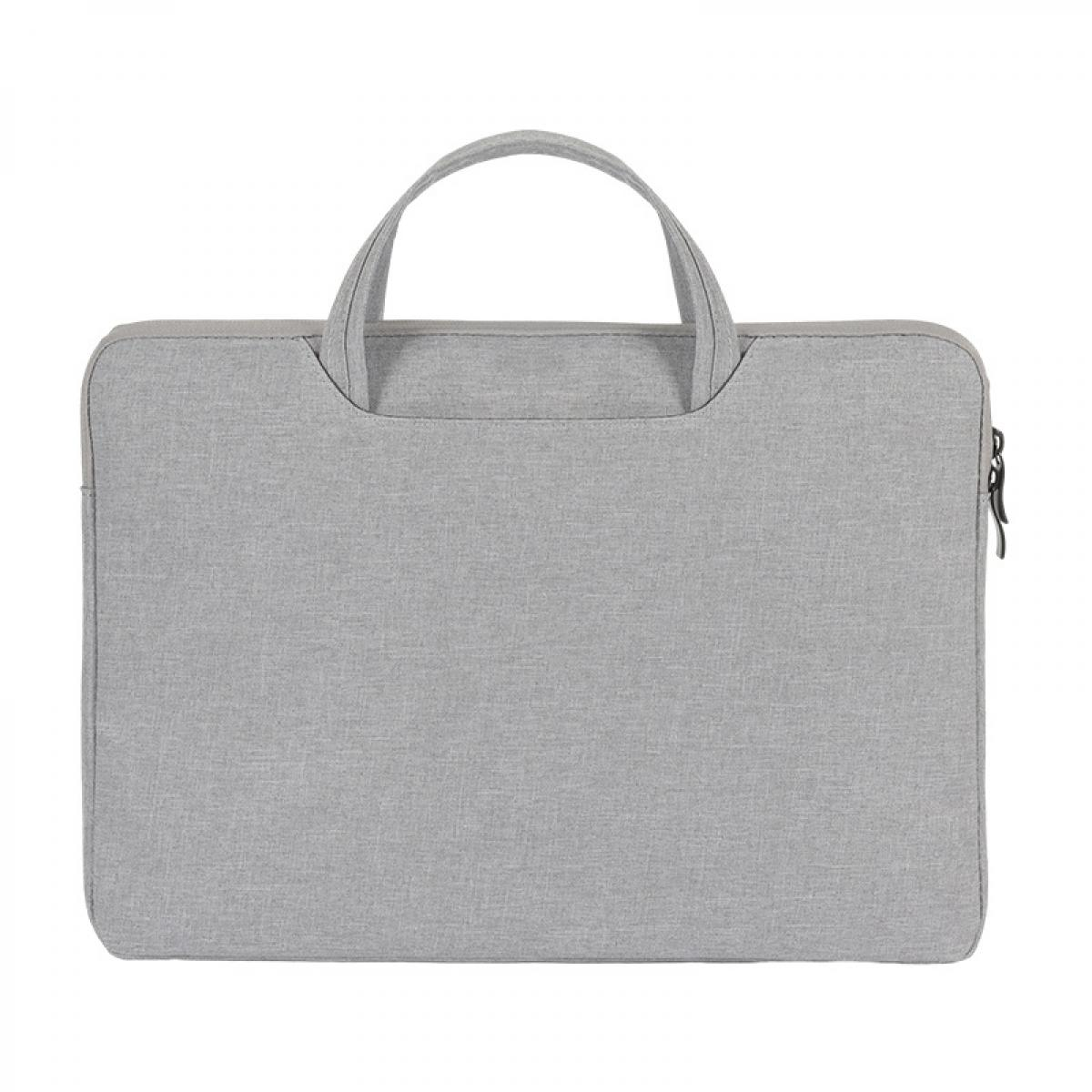Graue Laptoptasche mit Henkeln und Reißverschluss.