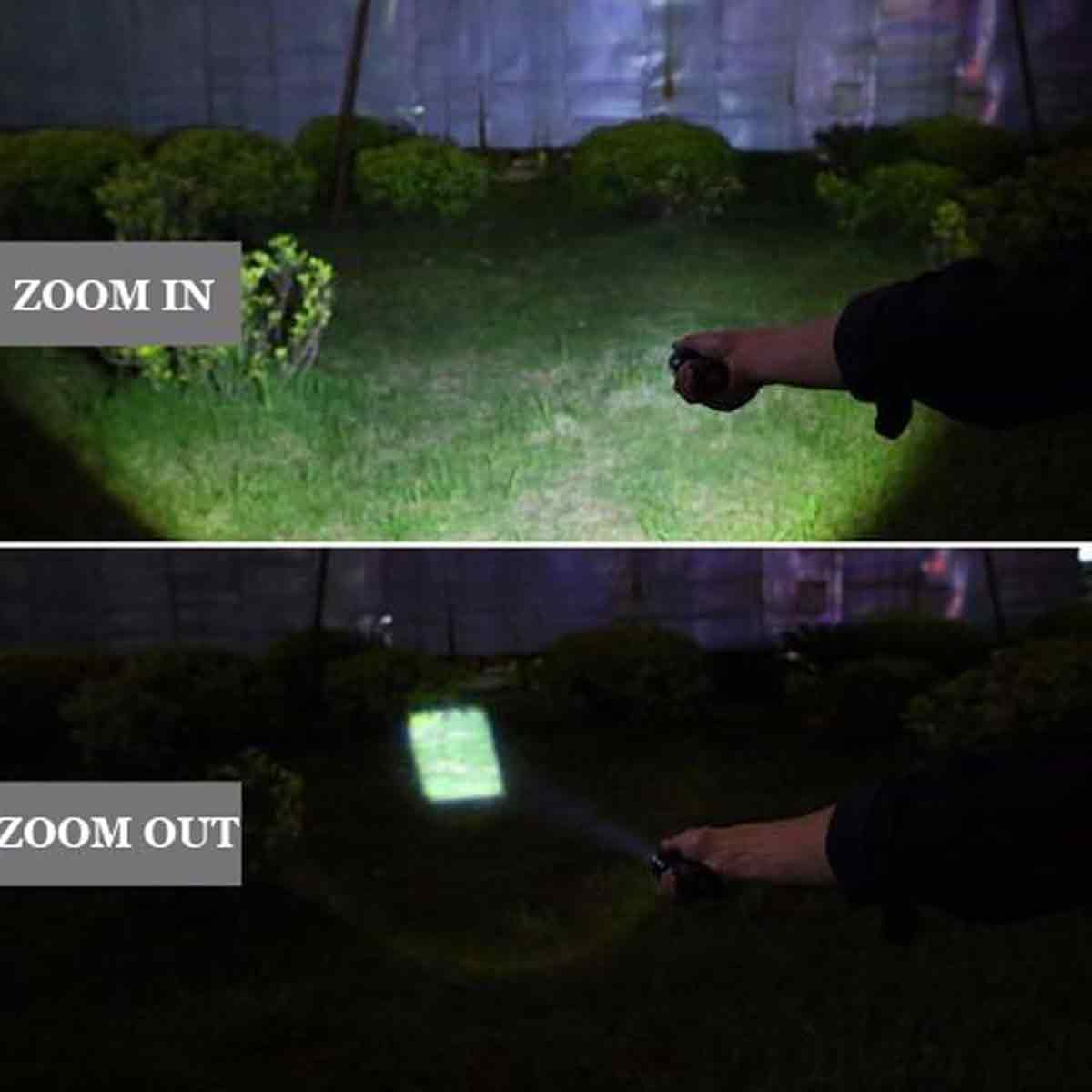 Hand hält Taschenlampe, leuchtet auf Gras und Büsche bei Nacht. Oben: Zoom In, unten: Zoom Out.