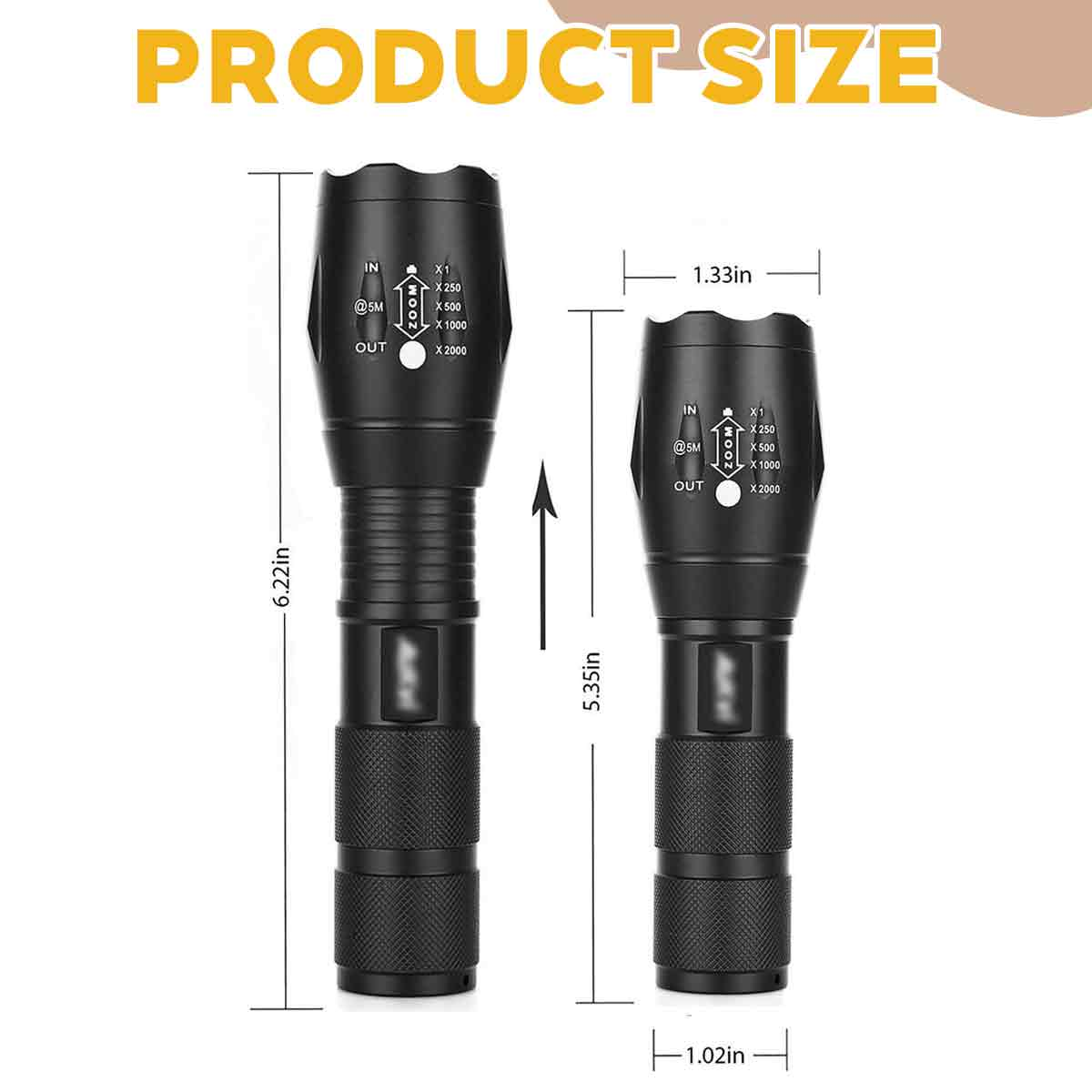 Zwei schwarze Taschenlampen, eine größer als die andere, mit Größenangaben.