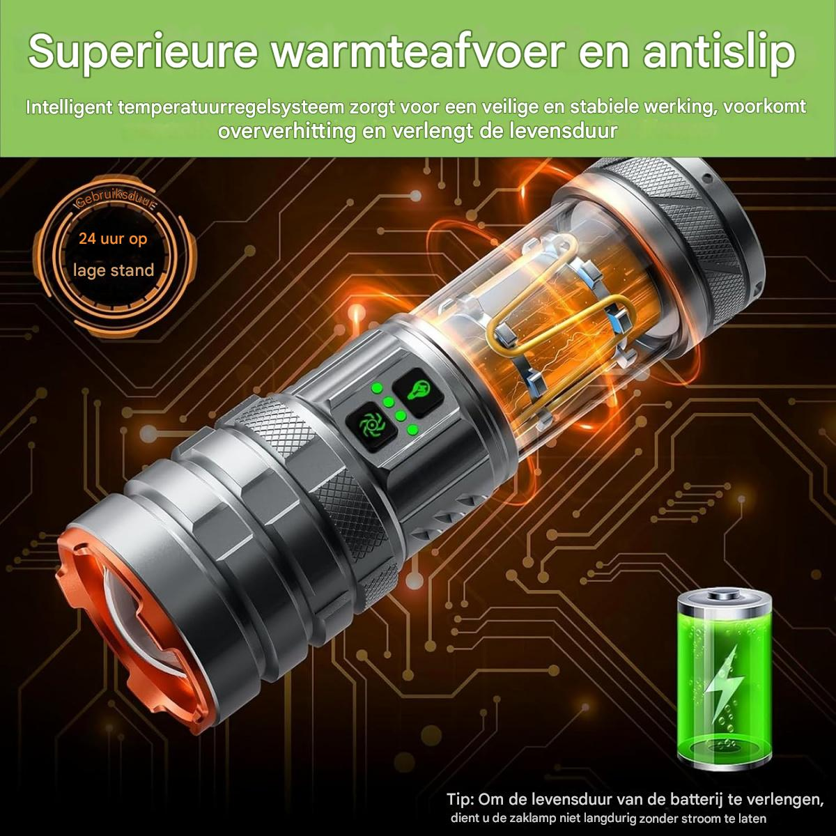 Eine Taschenlampe mit transparentem Gehäuse, die interne Komponenten zeigt, mit Akkusymbol.