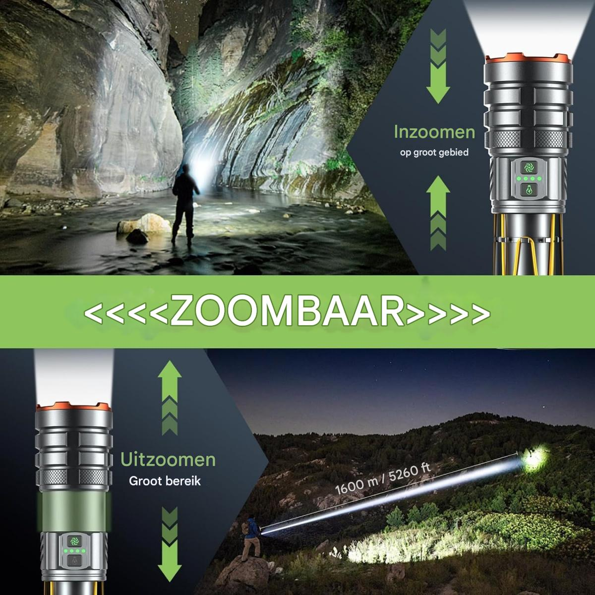 Eine Taschenlampe zoomt in und aus, beleuchtet eine Schlucht und Berge.