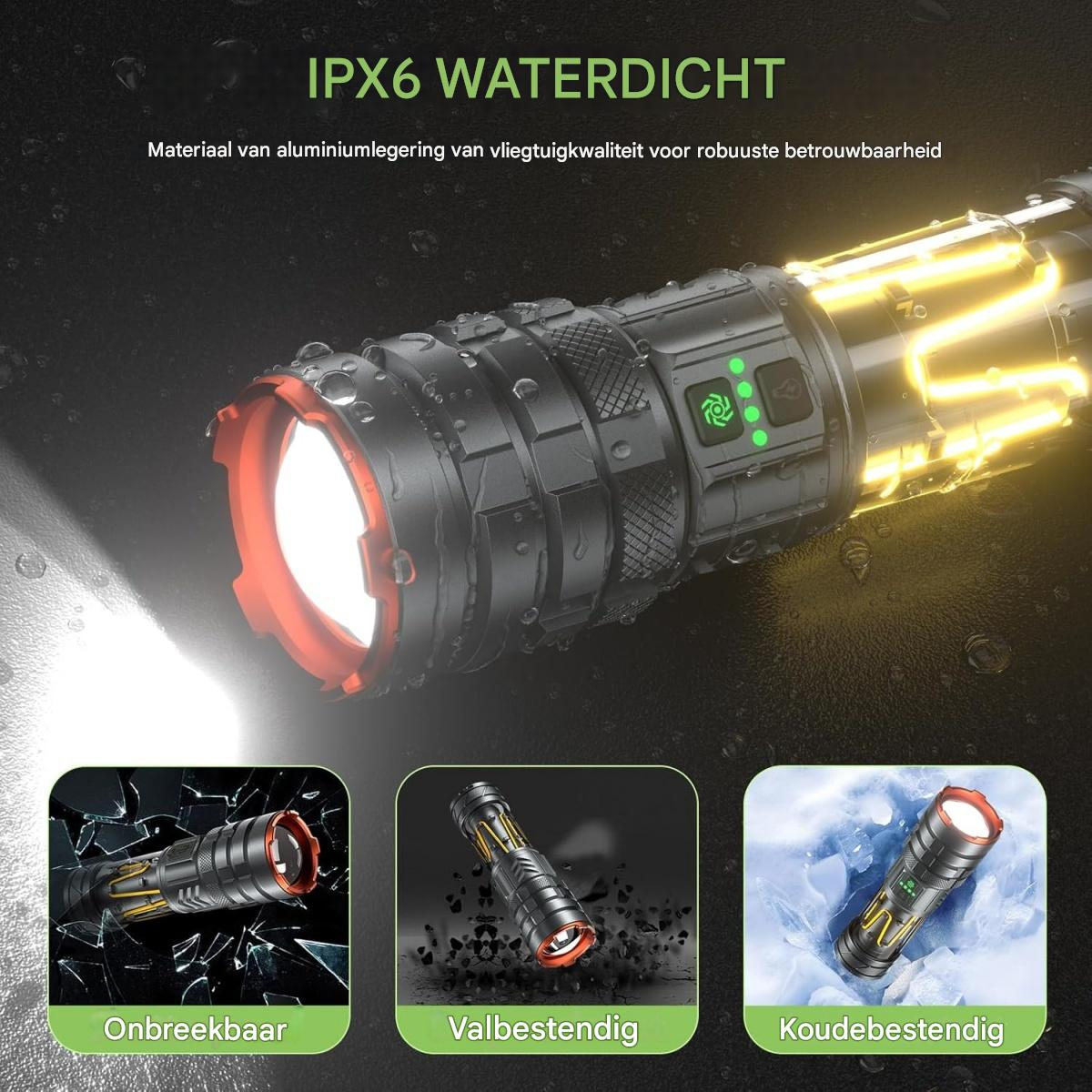 Eine robuste, wasserdichte Taschenlampe mit Aluminiumgehäuse, die Stürze und Kälte übersteht.