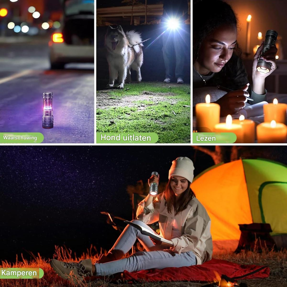 Collage aus 4 Bildern: Taschenlampe auf Straße, Person mit Hund, Person liest, Person beim Campen.