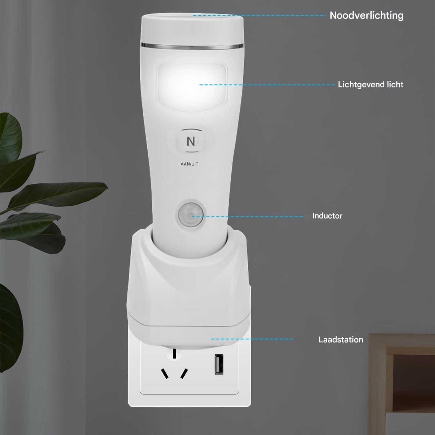 Ein weißer Nachtlichtadapter mit USB-Anschluss, der in eine Steckdose gesteckt ist.