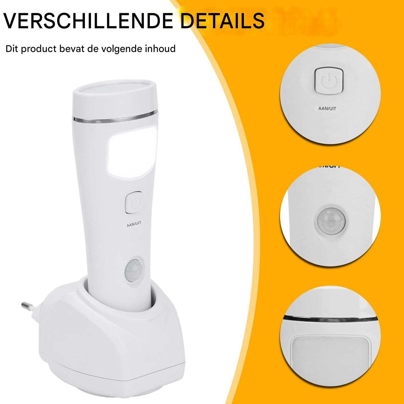 Ein weier wiederaufladbarer Nachtlicht-Bewegungsmelder mit Details.