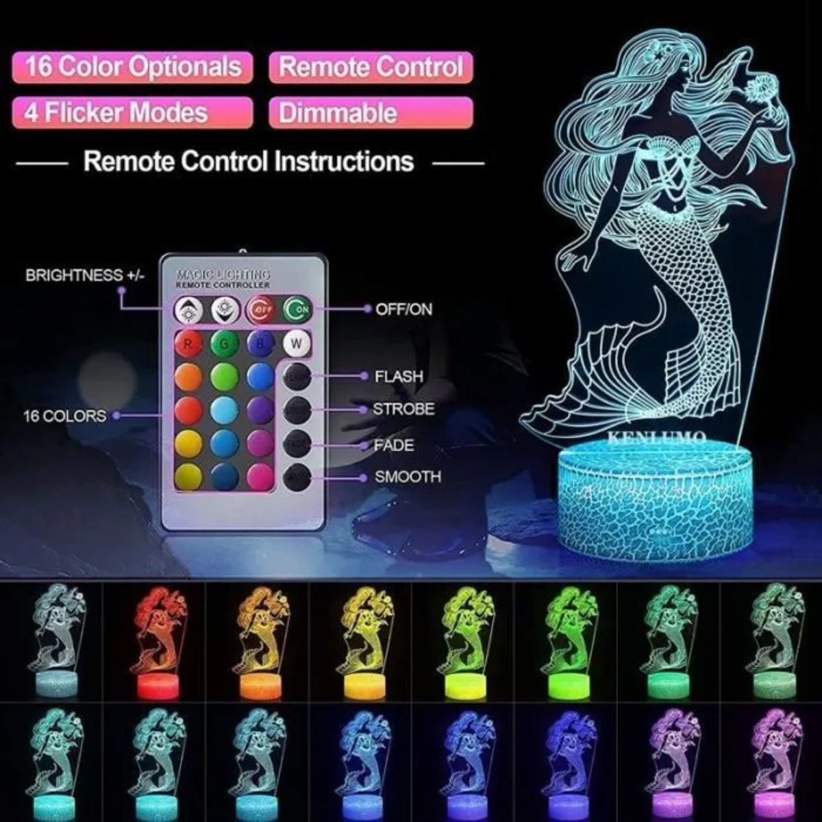 Mermaid-Lampe mit Fernbedienung und 16 Farboptionen.