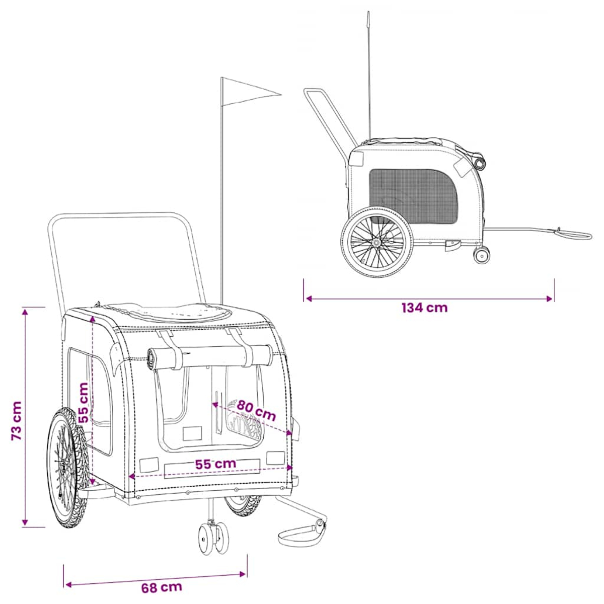 Zeichnung eines Hundeanhängers mit Maßen: 73cm H, 68cm B, 55cm T, 80cm L. L: 134cm.