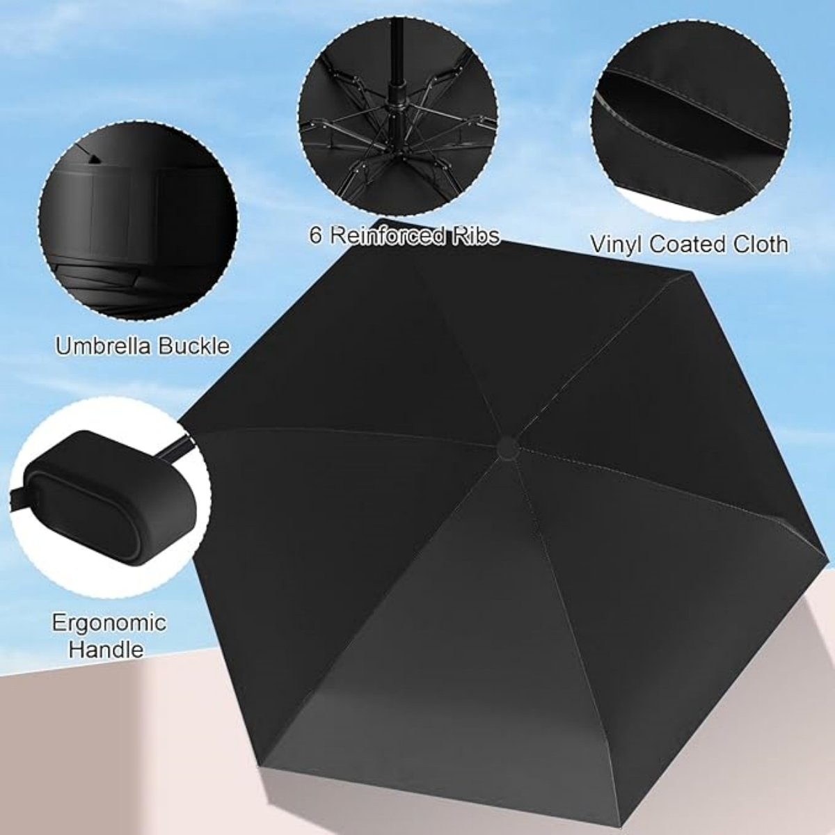 Schwarzer Regenschirm mit 6 verstärkten Rippen, Vinyl-beschichtetem Stoff, Schnalle und ergonomischem Griff.