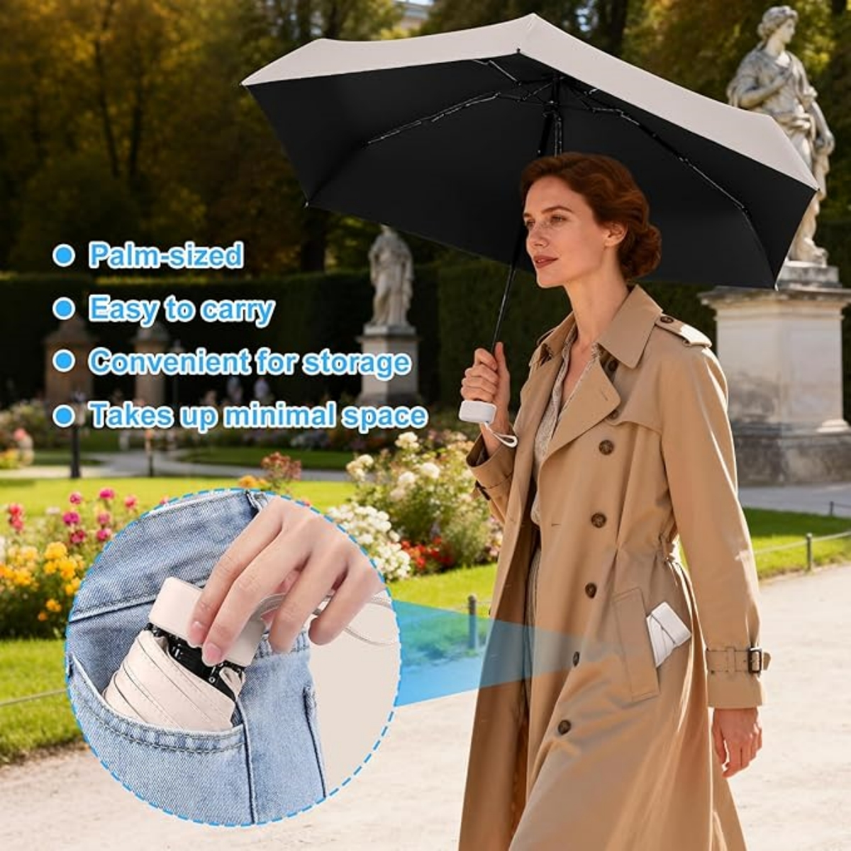 Frau mit beigem Trenchcoat hält einen schwarzen und weißen Regenschirm. Ein zusammengeklappter Regenschirm ist in einer Jeans-Tasche.