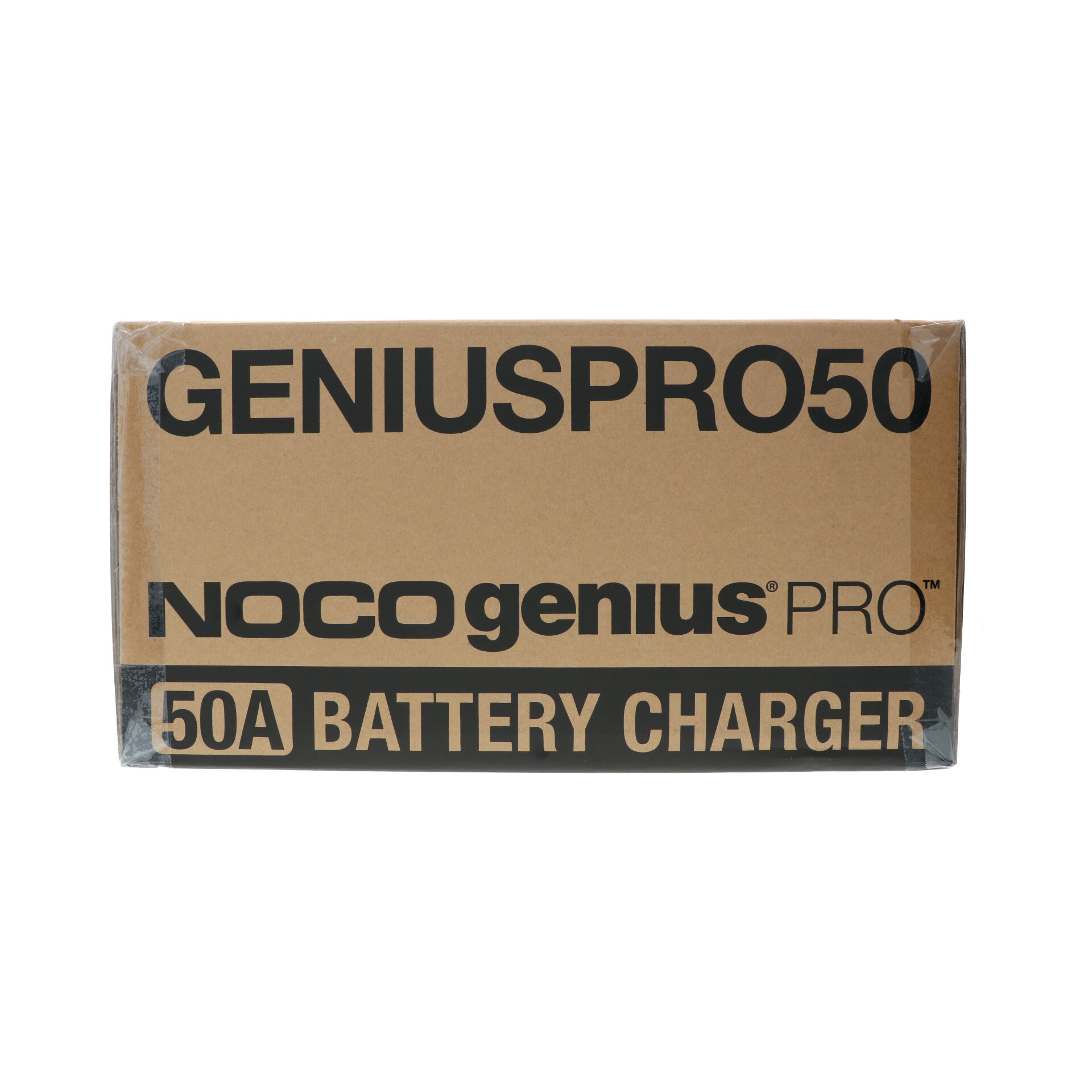 Eine braune Box mit schwarzer Schrift: GENIUSPRO50, NOCO genius PRO, 50A BATTERY CHARGER.