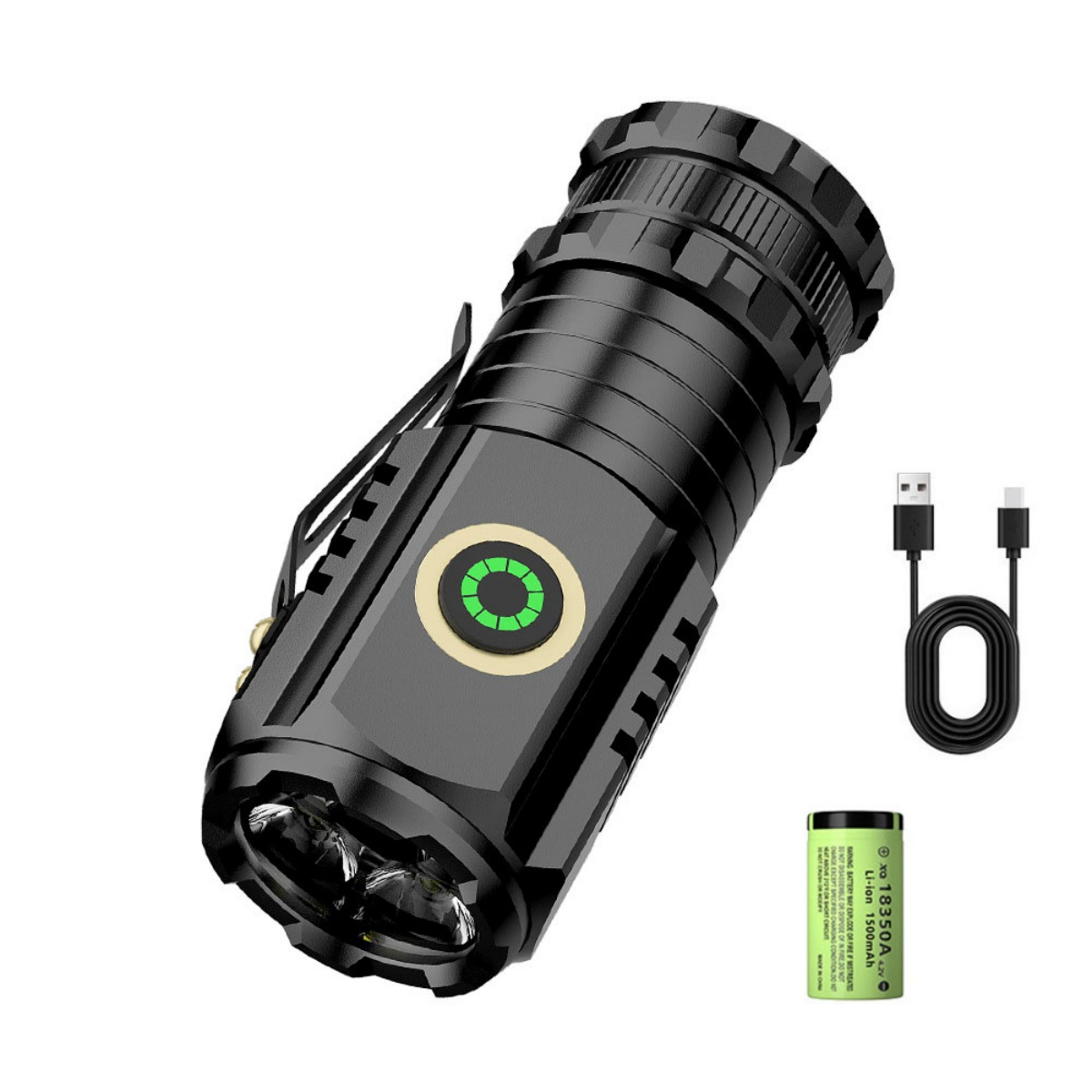 Schwarze Taschenlampe mit USB-Kabel und Batterie, weier Hintergrund.