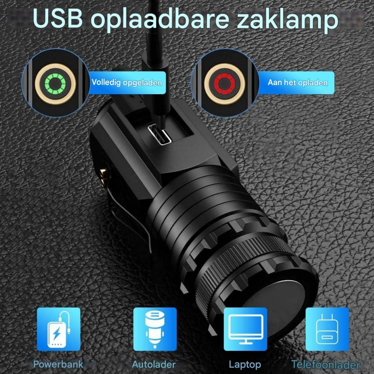 Schwarze Taschenlampe wird über USB geladen, mit Ladeanzeige und Ladeoptionen.