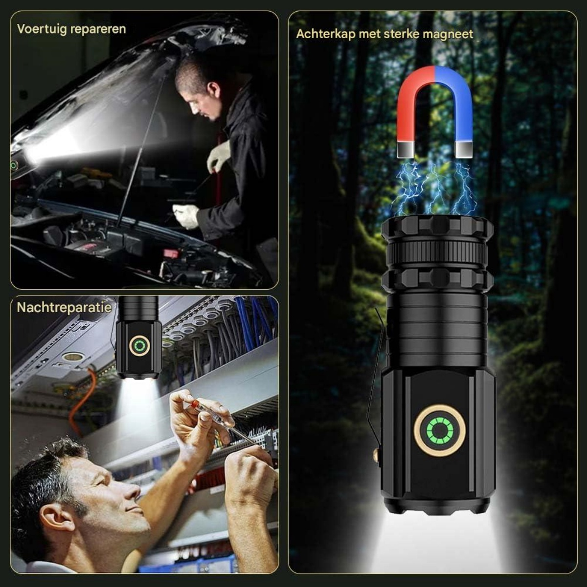Ein Mann repariert ein Auto. Ein anderer Mann arbeitet an Elektrik. Eine Taschenlampe mit Magnet.