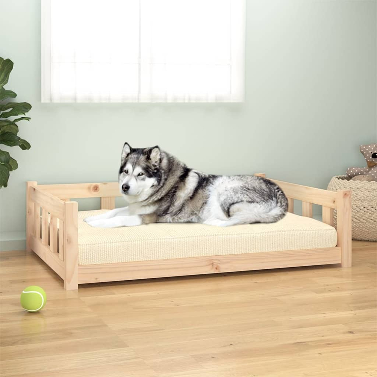 Ein Husky-Hund ruht auf einem Hundebett aus Holz mit hellem Kissen. Ein grüner Ball liegt auf dem Boden.