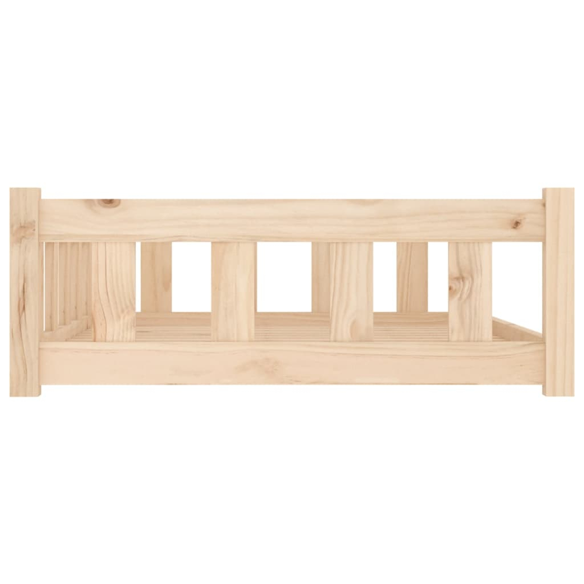 Ein unbehandeltes Holzgestell für ein Kinderbett mit vertikalen Stäben.