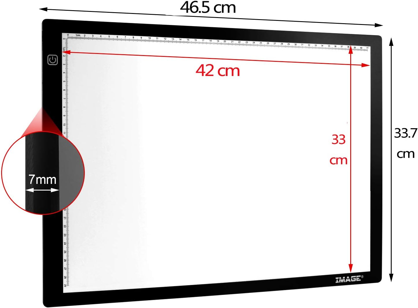 Leuchttisch mit Maßangaben: 46,5 cm Breite, 33,7 cm Höhe.