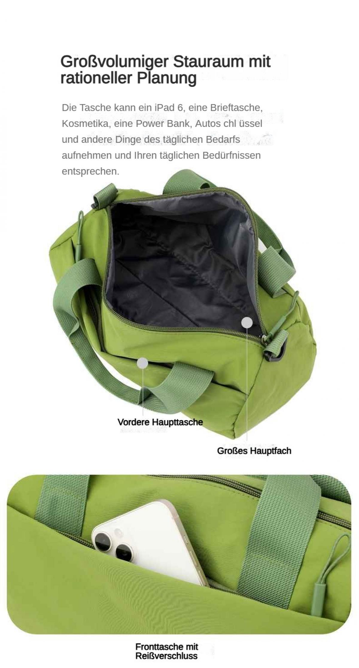 Grüne Tasche mit offenem Hauptfach und Fronttasche, in der ein Smartphone steckt.