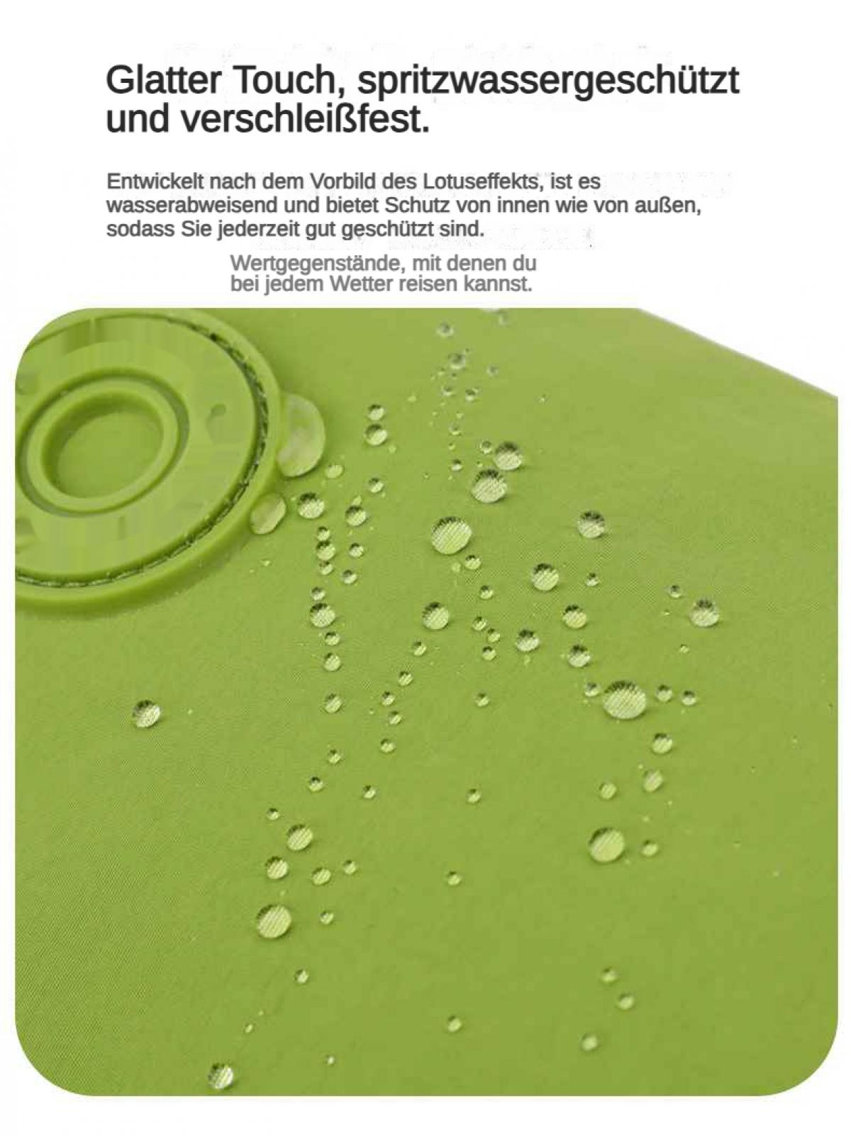Grünes Material mit Wassertropfen, glatter Touch, spritzwassergeschützt.