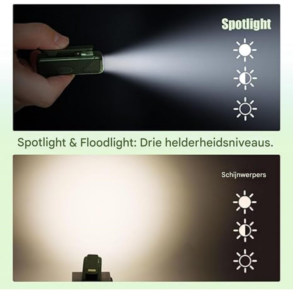Taschenlampe mit drei Helligkeitsstufen: Spot und Flutlicht.