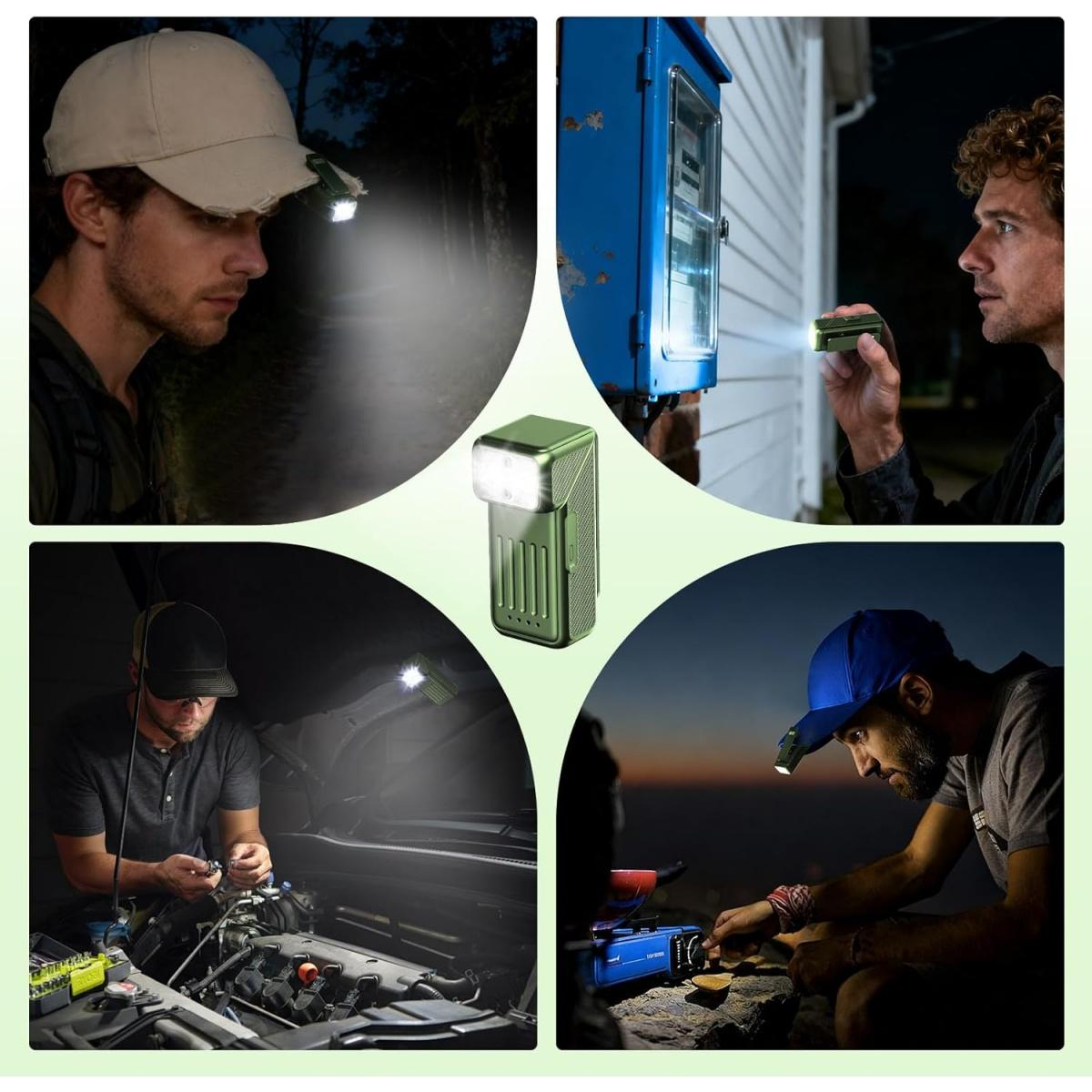 Vier Szenen zeigen einen Mann mit einer Lampe am Hut, beim Reparieren eines Autos und beim Campen.