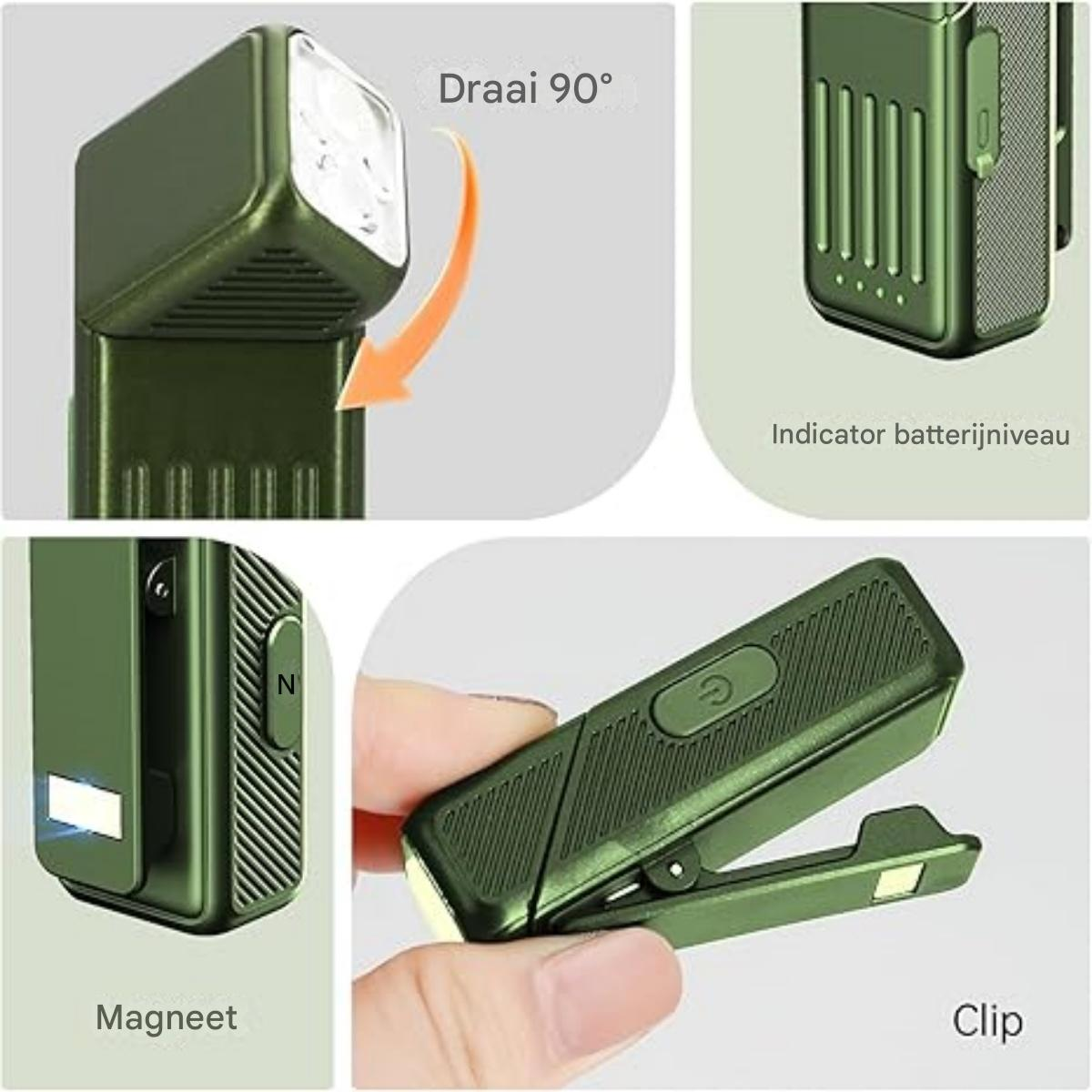 Grünes Taschenlampen-Detail mit Magnet, Clip und Ladeanzeige.