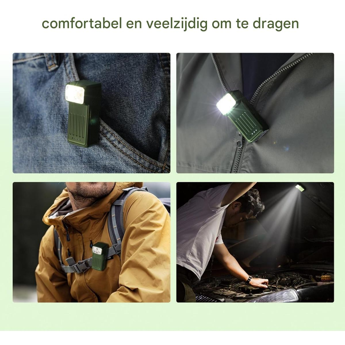 Grüne Taschenlampe in Jeans-Tasche, an Jacke, Rucksack und Auto-Motor.