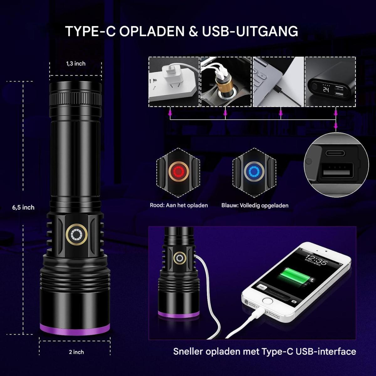 Schwarze Taschenlampe mit Typ-C-Ladefunktion und USB-Ausgang. Zeigt Ladezustände an.