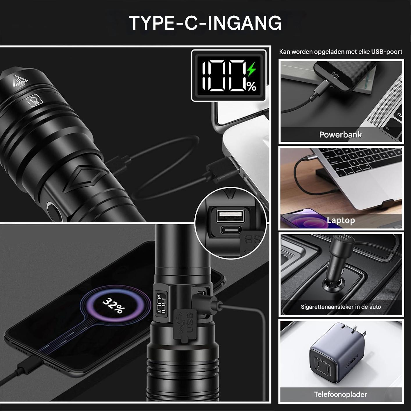 Taschenlampe wird per USB an Powerbank, Laptop, Auto und Ladegerät geladen.