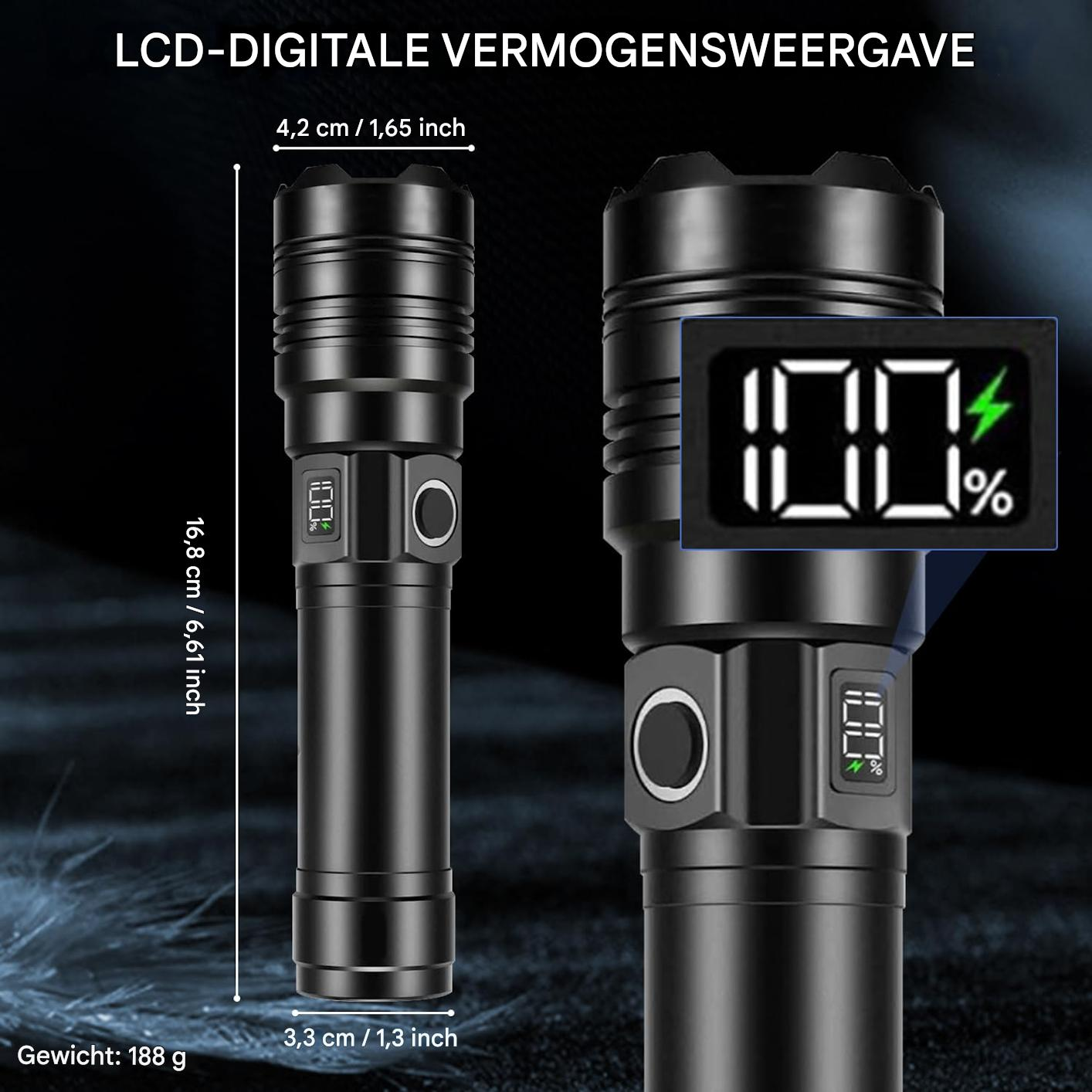 Schwarze Taschenlampe mit digitaler Anzeige bei 100% Ladung.
