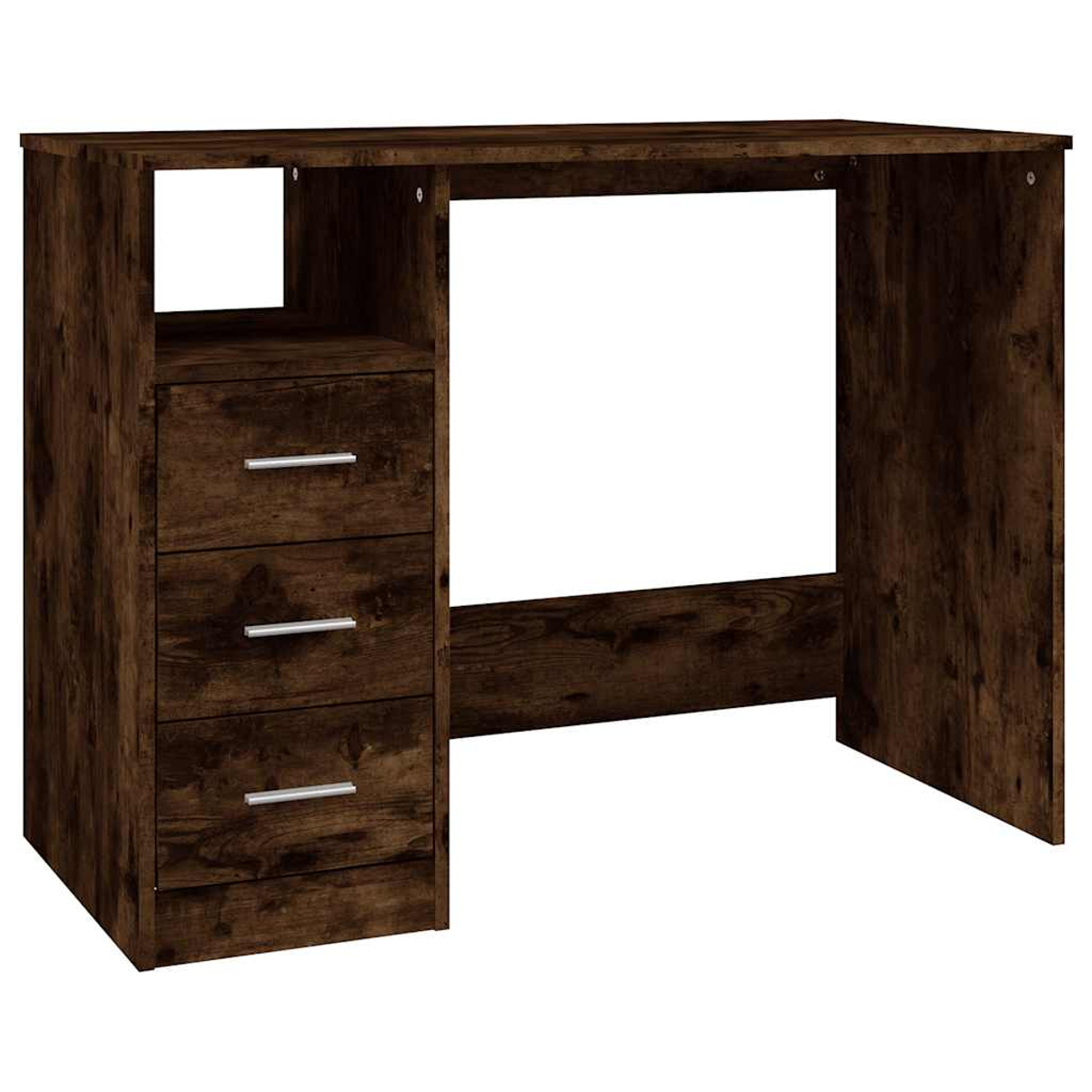 Dunkelbrauner Schreibtisch mit Schubladen und offenem Fach.