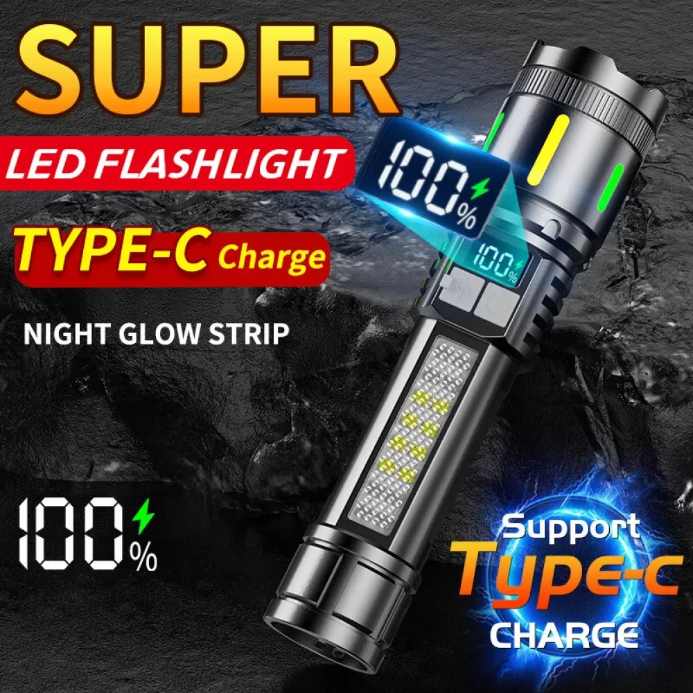 Super LED Taschenlampe mit Typ-C-Ladefunktion und Nachtleuchtstreifen.