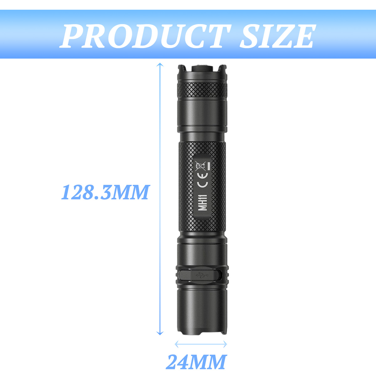 Schwarze Taschenlampe, 128,3 mm lang, 24 mm Durchmesser.