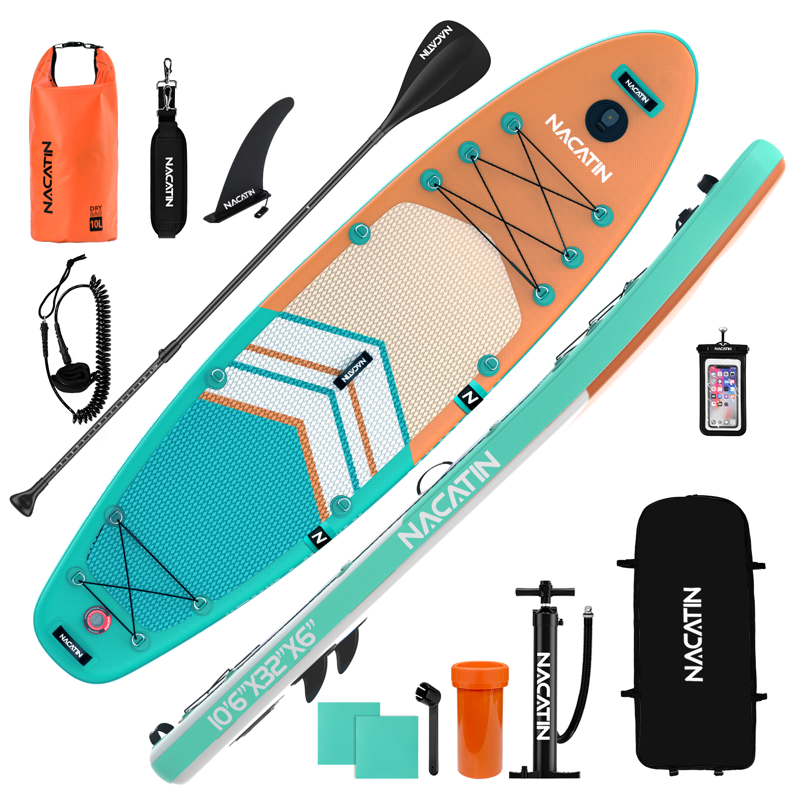 Aufblasbares SUP-Board mit Zubehör: Paddel, Pumpe, Tasche, Leine, Finne.