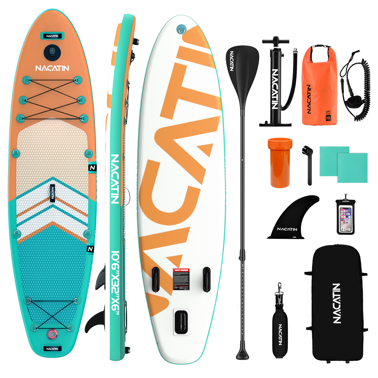 Aufblasbares SUP-Board mit Zubehör: Paddel, Pumpe, Tasche, Leine, Flosse.