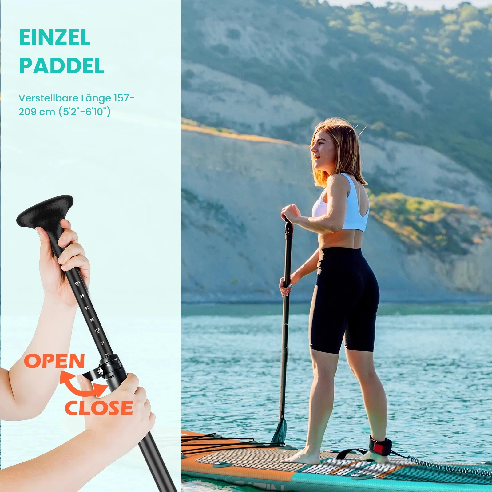 Frau auf SUP-Board mit verstellbarem Paddel. Berglandschaft im Hintergrund.
