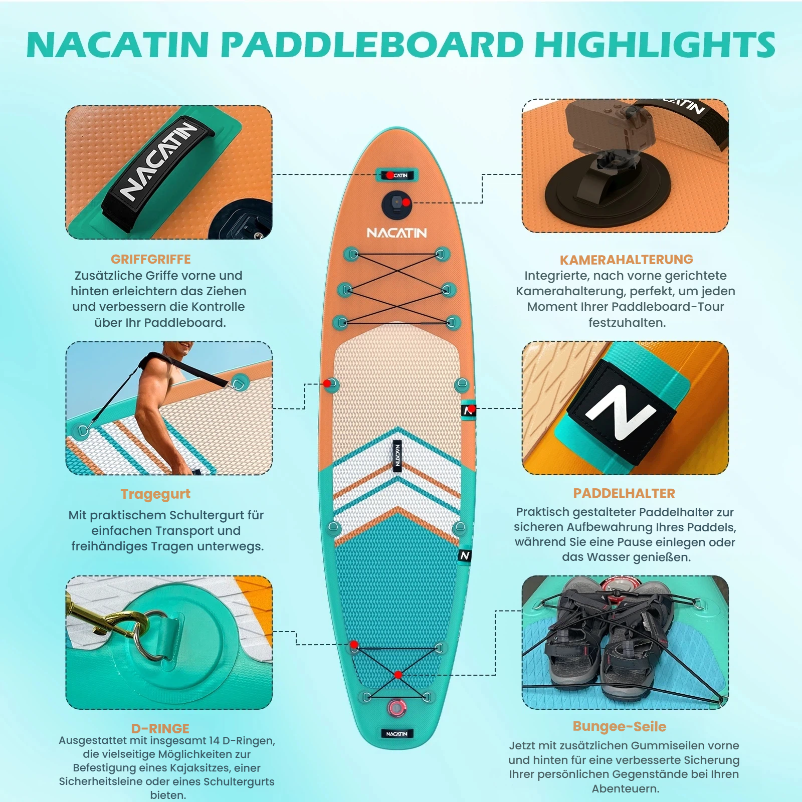 Nacatin Paddleboard mit Griffen, Kamerahalterung, Paddelhalter, Tragegurt, D-Ringen und Bungee-Seilen.