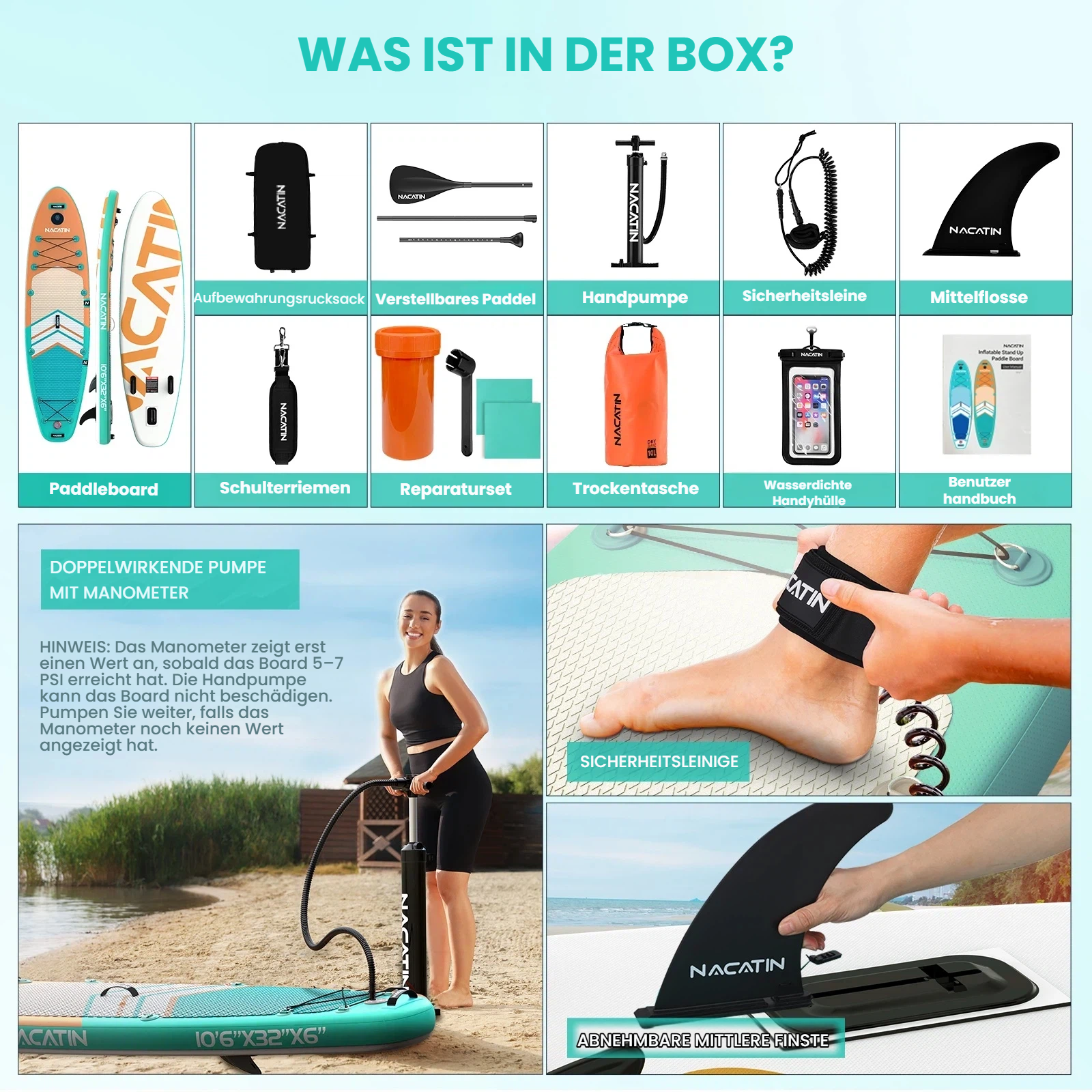 Aufblasbares SUP-Zubehör: Paddleboards, Tasche, Pumpe, Leine, Finne.