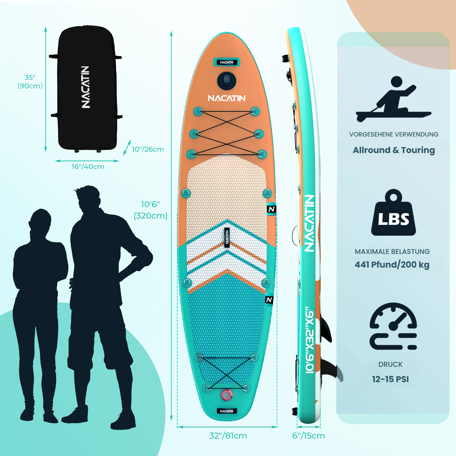 Aufblasbares Stand-Up-Paddleboard mit orange-türkisem Design, Maße und Zubehör.