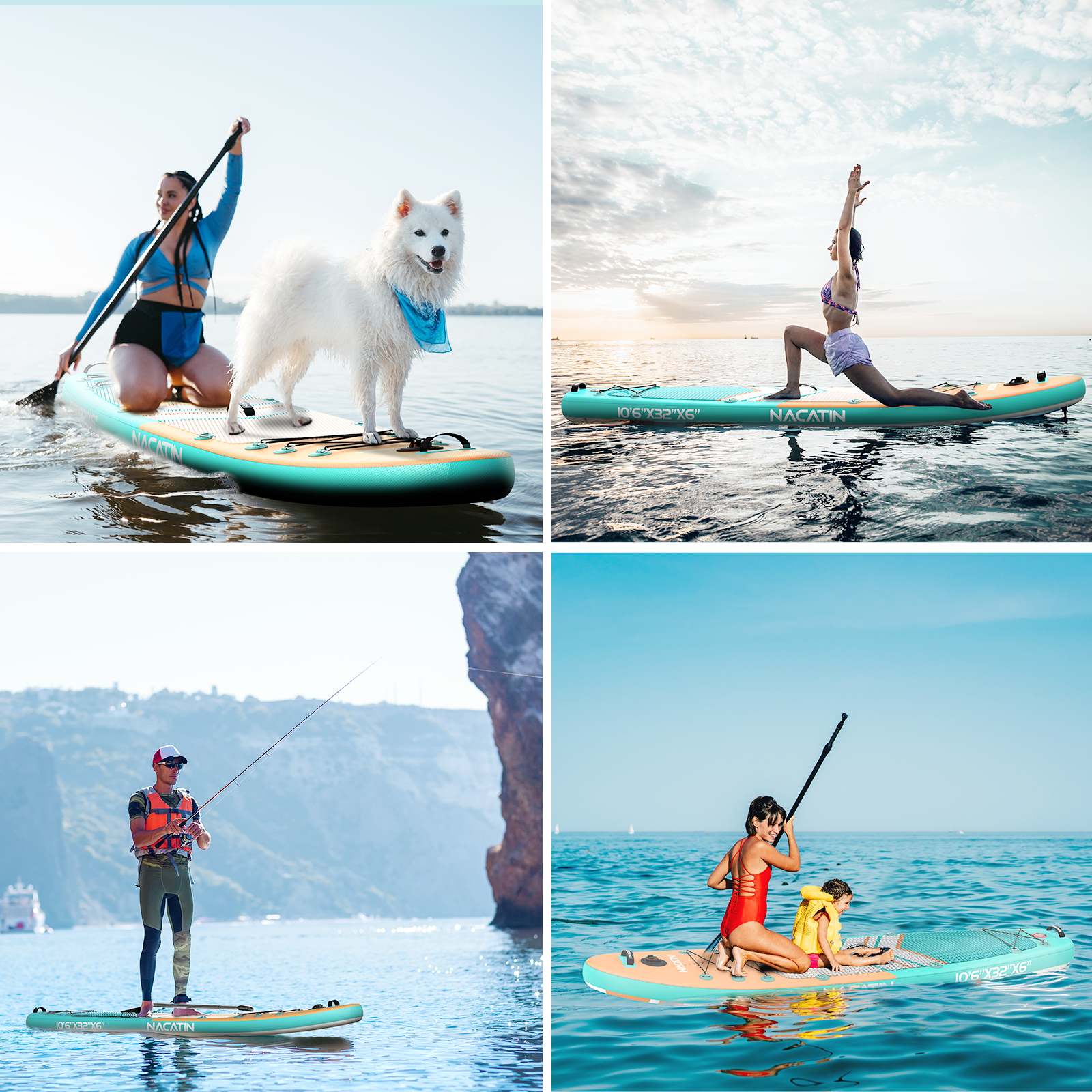 Vier Bilder zeigen verschiedene Aktivitäten auf einem NACATIN Paddleboard: Paddeln mit Hund, Yoga, Angeln und Paddeln mit Kind.