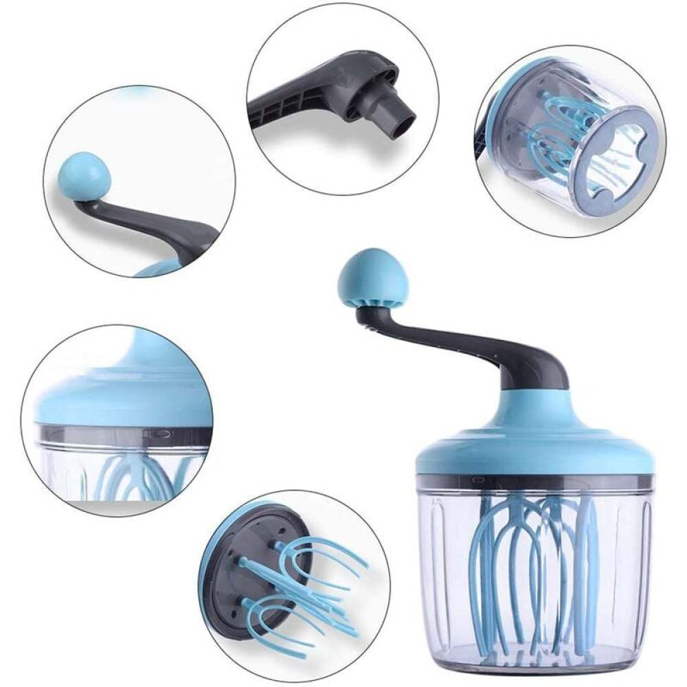 Hellblaue manuelle Handrührmaschine mit klarem Behälter und blauen Rührbesen.