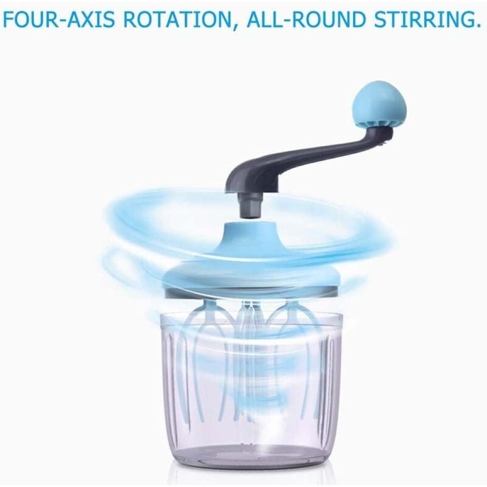 Ein blau-grauer Handmixer mit vier Armen in einem durchsichtigen Behälter.