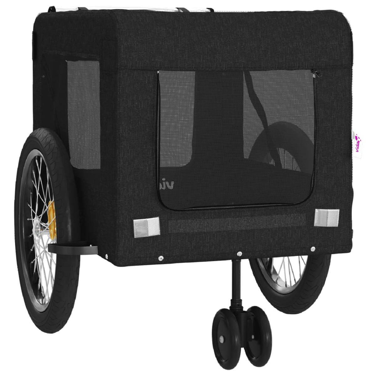 Schwarzer Fahrradanhänger mit zwei Rädern und einem Stützrad vorne.