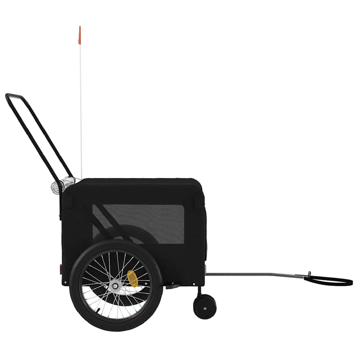 Schwarzer Fahrradanhänger mit großem Rad, kleinem Rad, Griff und Flagge.
